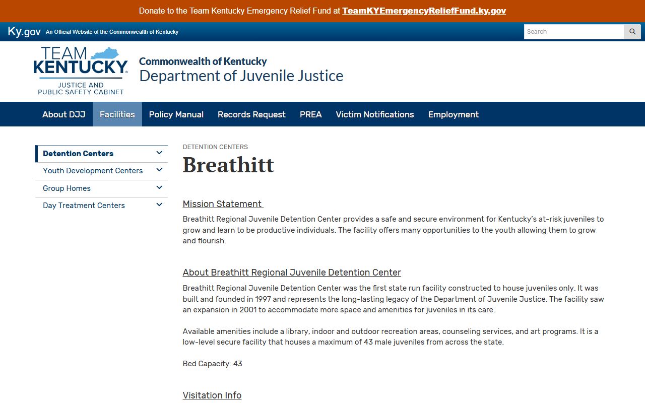 Breathitt Regional Juvenile Detention Center facility lookup page